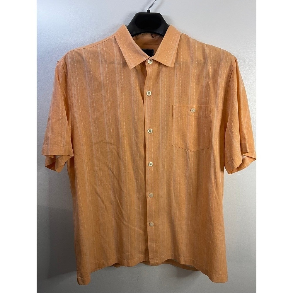 Tommy Bahama Mens Silk Hawaiian Shirt XL Orange Stripe Short Sleeve Button Up